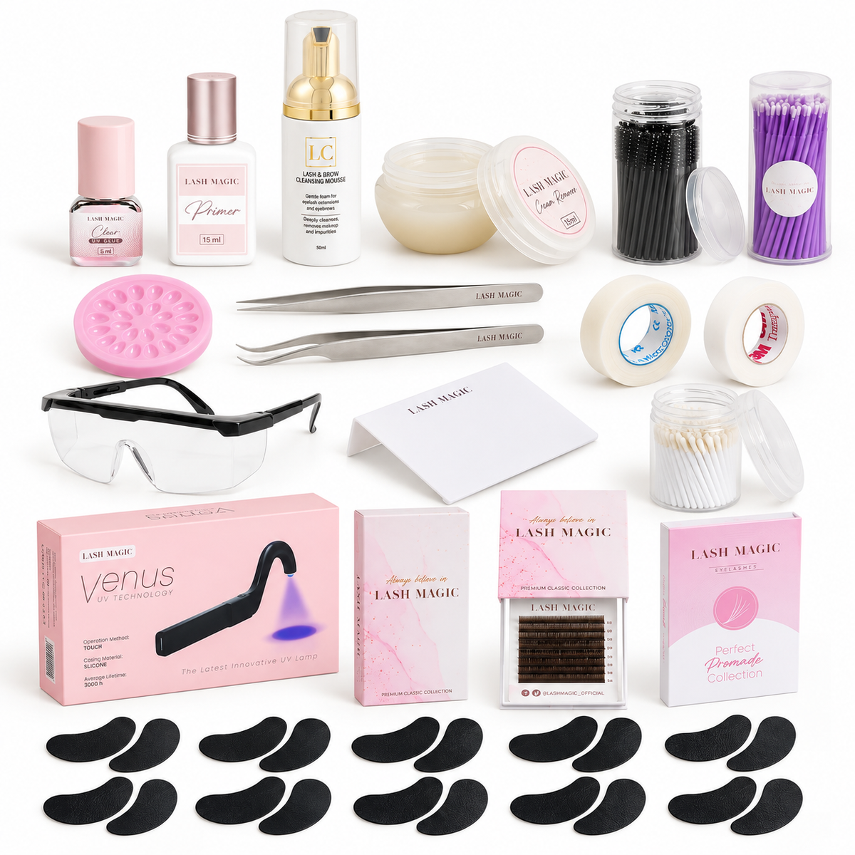 Kit Base UV Lash Magic completo con pinzette dritta e curva argentate, Venus, Clear UV, occhiali protettivi e 10 paia di patch neri